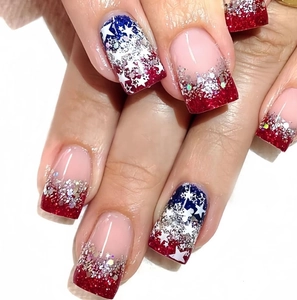 Red and blue glitter press-on nails with white stars and stripes American flag design