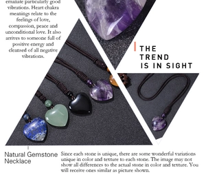 Detail showing heart-shaped natural gemstones on brown cord necklaces in various colors