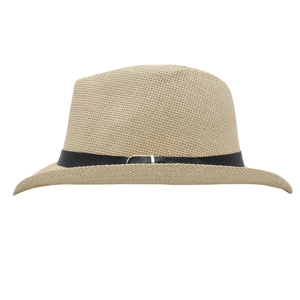Detailed view of breathable straw fedora featuring a fine weave and black leather belt