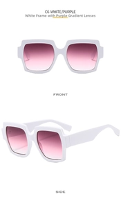 Front and side view of white square sunglasses with purple gradient lenses C6