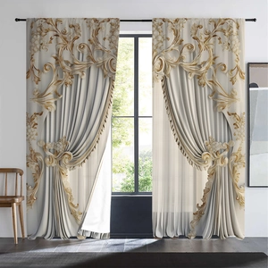 Detailed close-up of 3D digital floral printed curtains with golden baroque patterns