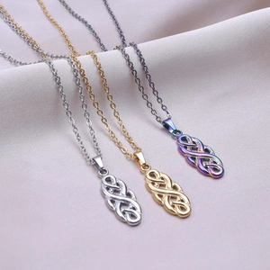 Polished stainless steel Witch's Knot necklace set in gold, silver, and rainbow finishes