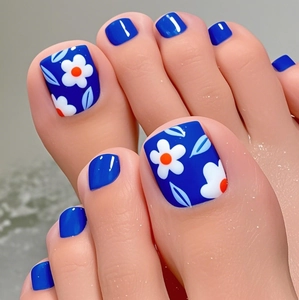 Glossy Dark Blue Press On Toe Nails With White Flower Pattern Square Shape Fresh Summer Style Artificial Fake Nails
