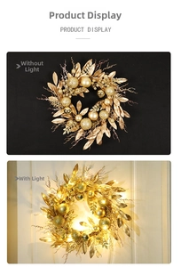 Golden Christmas wreath with ornaments showing lighted and non-lighted display comparison