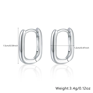 Detail view of silver geometric hoop earrings with precise size and weight measurements
