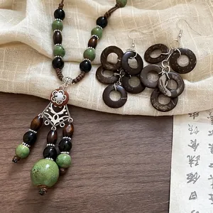 Retro Ethnic Necklace And Earrings Jewelry Set With Coconut Shell Wood Ceramic Beads Alloy Pendant Silver Earring Post