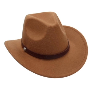 Detail of brown wool felt cowboy hat featuring leather band and silver metal buckle