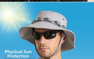 Physical sun protection detail on a grey outdoor wide brim hat with adjustable chin strap