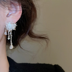 Detail view of silver fireworks tassel earrings with sparkling zircon stones on a model