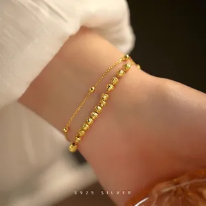 Double Layer Bead Bracelet 925 Sterling Silver Diamond Cut Lucky Beads Vintage Elegant Adjustable Jewelry For Women