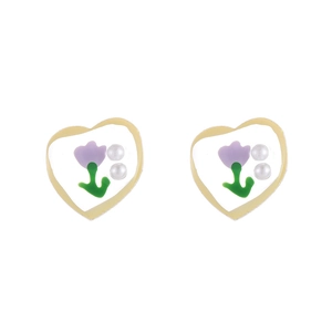 Floral heart stud earrings with purple tulip pattern and white pearls in gold finish