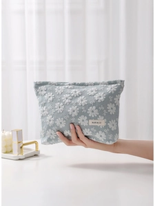 Trousse à maquillage en toile bleu clair brodée de marguerites avec grande capacité