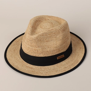 Natural Raffia Straw Boater Hat Wide Brim Flat Top Panama Style Summer Beach Sun Hat With Black Ribbon Handmade Label