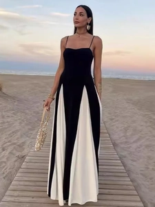 Elegant black and white contrast maxi slip dress for women with a sleek slim fit design
