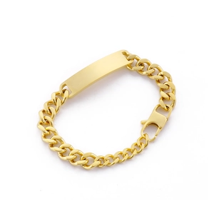 Minimalist gold stainless steel Cuban ID bracelet with a polished rectangular bar for women