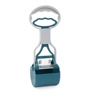Ergonomic blue and grey pet pooper scooper with spring-loaded claw on white background