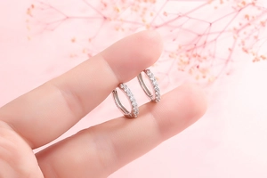 Macro shot of S925 sterling silver hoop earrings with micro-set cubic zirconia stones