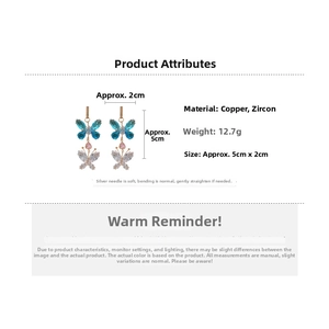 Detailed specs for blue butterfly drop earrings with cubic zirconia and copper base