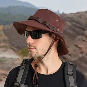 Men's outdoor sun hat in dark brown with wide brim and adjustable chin strap for hiking