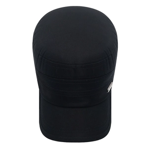 Classic black cotton flat top army cap with reinforced stitching and metal side detail