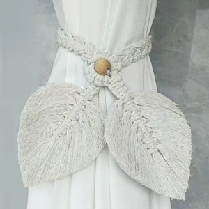 Bohemian handmade woven curtain tieback with cotton leaf tassel and wooden bead