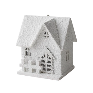 Maison de Noël enneigée blanche avec texture givrée et boucle de suspension pour décoration