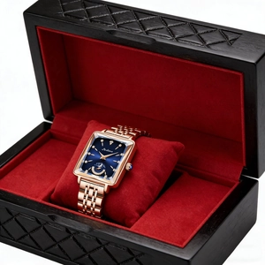 Luxury rose gold square watch for women with blue sun and moon dial in a velvet gift box