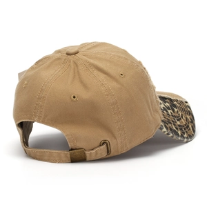 Distressed khaki baseball cap with leopard print brim and adjustable bronze metal buckle