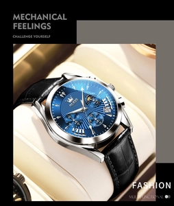Detail view of OLEVS men's watch featuring a blue sunray dial and black leather strap