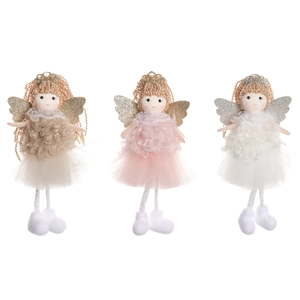 Three plush Christmas angel ornaments in white, pink and champagne with glitter wings