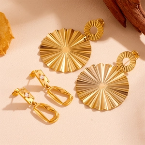 Gold stainless steel jewelry set featuring large fan earrings and rectangle stud earrings