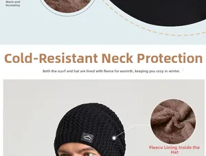 Detail of warm fleece lining inside the black knitted beanie for winter insulation