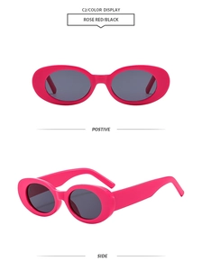 Detailed views of rose red oval sunglasses with black lenses from front and side angles