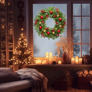 Christmas pine needle wreath with red berries and gold stars on a snowy window background