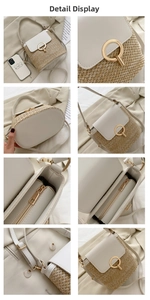 Detailed views of a straw bucket bag featuring gold hardware and a long shoulder strap