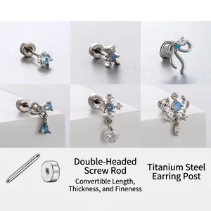 Cartilage Stud Earrings Titanium Stainless Steel Screw Back Blue Cubic Zirconia Piercing Jewelry Bowknot Bear Dragon Claw