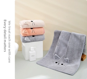 Detail of coral fleece hair towels featuring cute 3D cat ears and embroidered faces