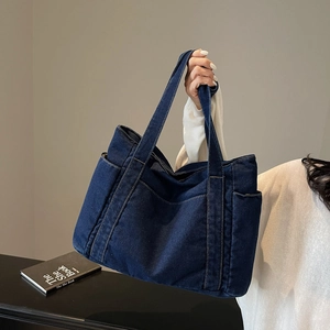 Large capacity dark blue denim tote bag in Japanese casual style for women