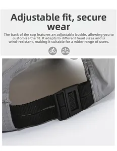 Detail of adjustable quick-dry outdoor cap with black buckle strap and mesh texture