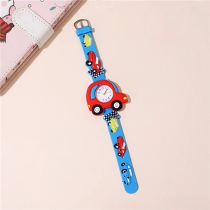 Detail of blue silicone kids watch band with cute red car pattern and colorful dial