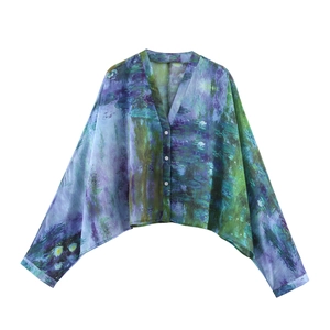 Damen V-Ausschnitt Fledermausärmel Chiffon Bluse Monet Seerosen Ölgemälde Druck Vintage Künstlerisches Crop Top