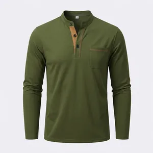 Men Long Sleeve Henley Shirt Knitted T-Shirt Button Down Chest Pocket Contrast Stitching Casual Pullover
