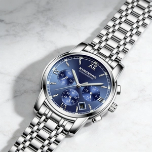 Luxury men's chronograph watch with blue dial, date display and stainless steel band