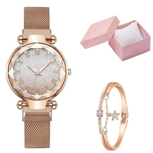 Elegant rose gold mesh watch with sparkling silver dial and matching star bracelet in gift box