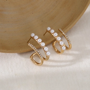 French vintage stainless steel gold earrings with double-circle pearls and zircons