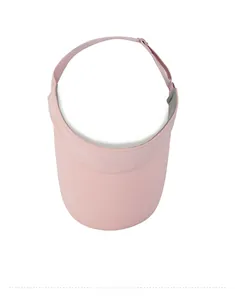 Top view of pink sun visor hat with wide brim and adjustable toggle strap details