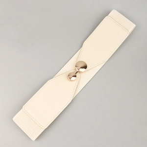 Macro shot of beige elastic waist belt with gold round buckle and faux leather detail