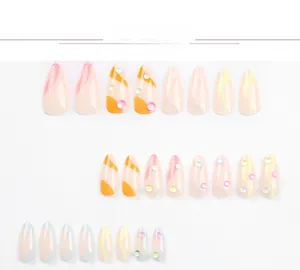 Detailed set of short almond false nails with colorful wave patterns and tiny pearls