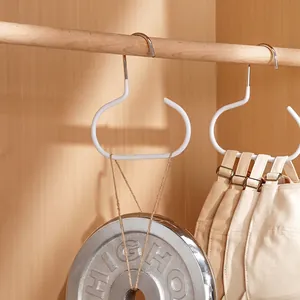 Strong white metal swan-neck hook for bags and hats showing weight bearing capacity