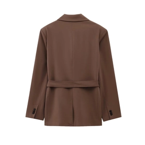 Back view of a dark brown minimalist blazer with waist belt and button cuffs